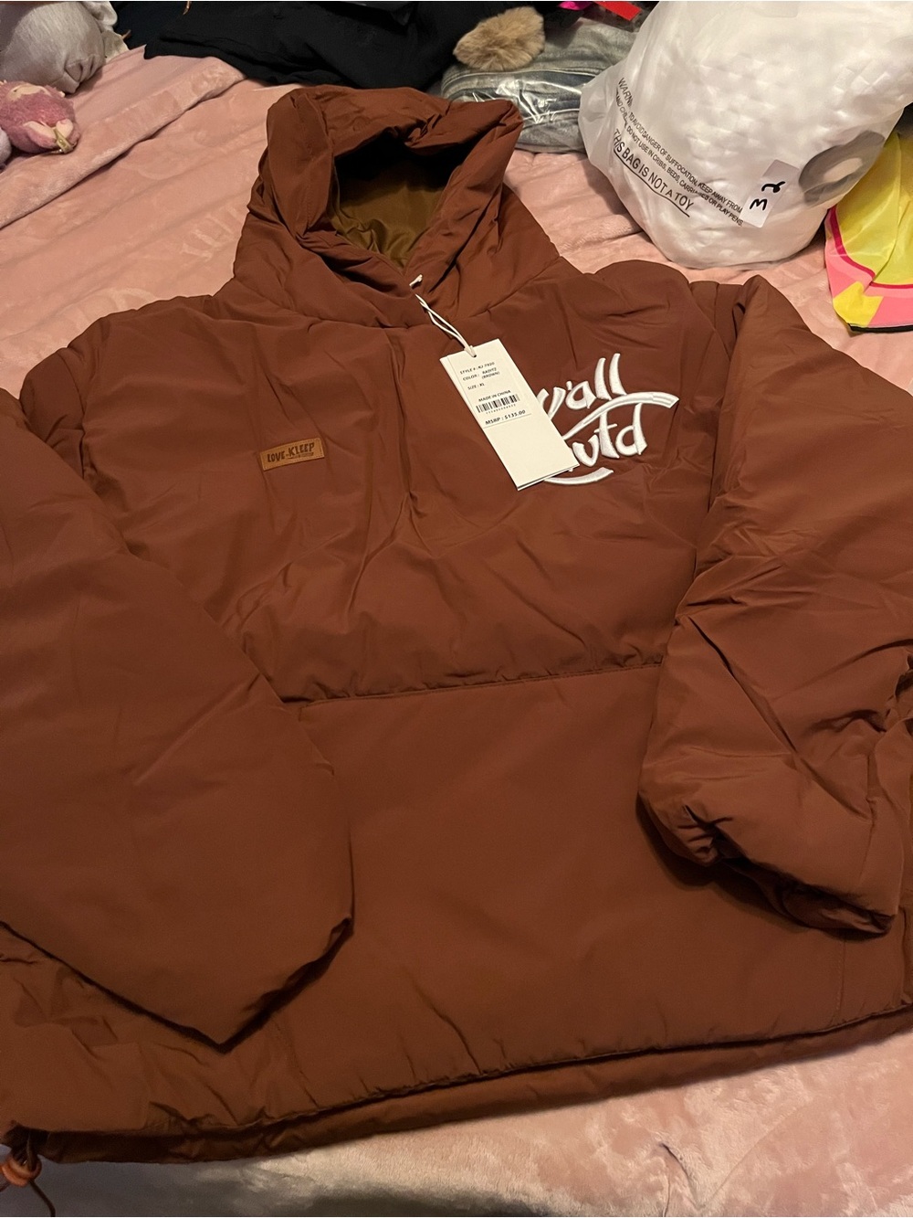 Men's Hooded Puffer Pullover Jacket in Rust Brown